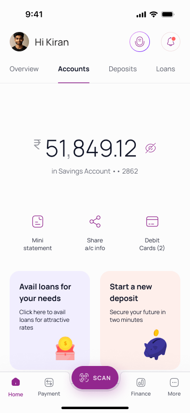 Banking app homepage