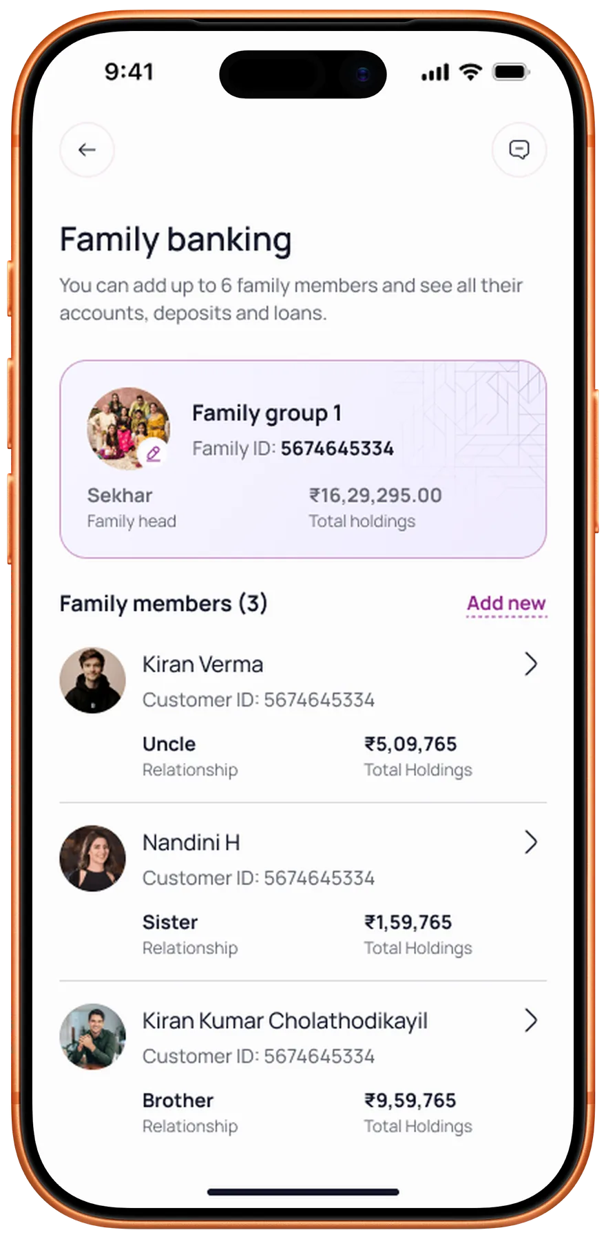 Family banking: six members' accounts, deposits, and loans in one view