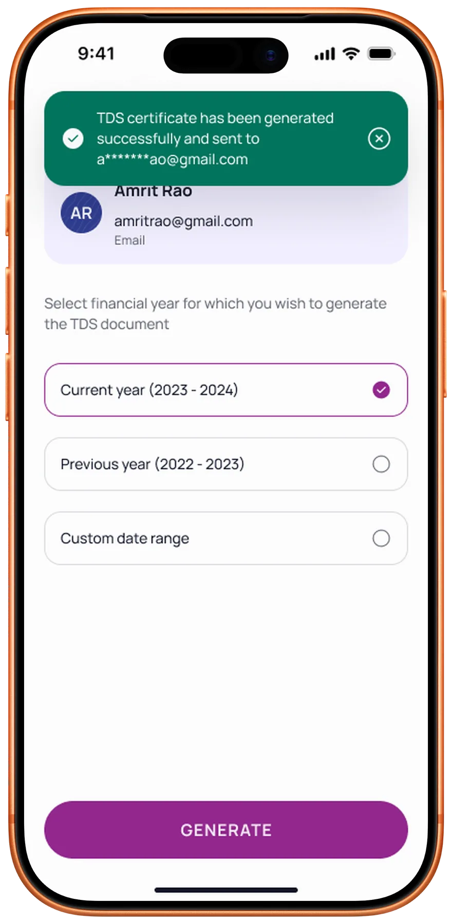 TDS certificates, generated and emailed in two taps