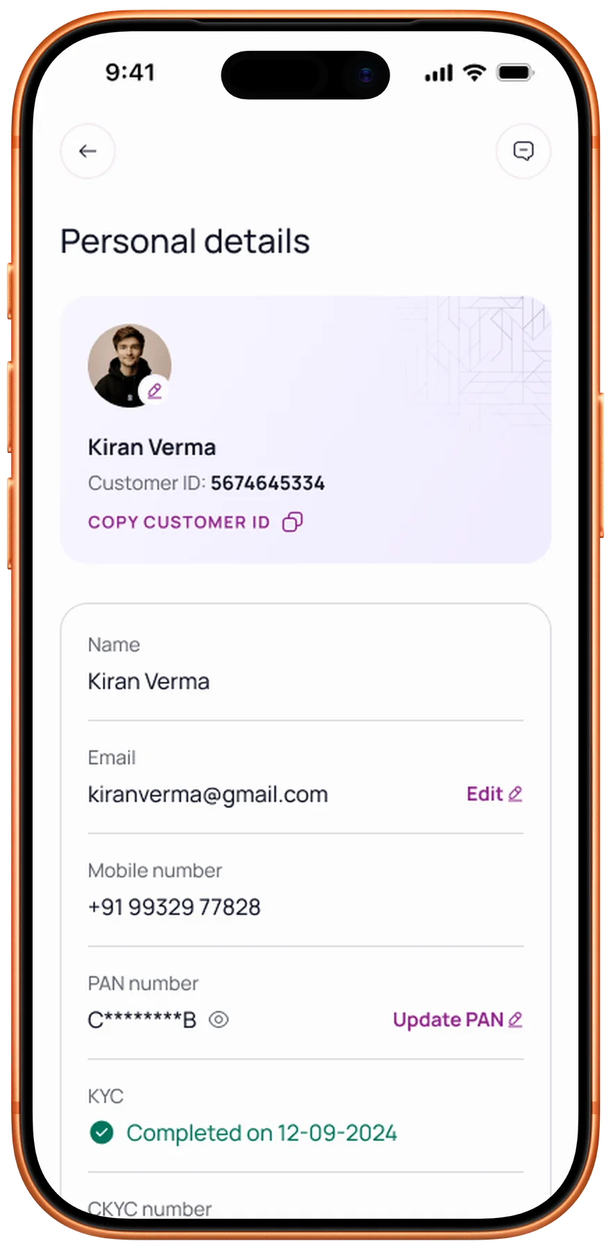 Personal details, with KYC status readable at a glance