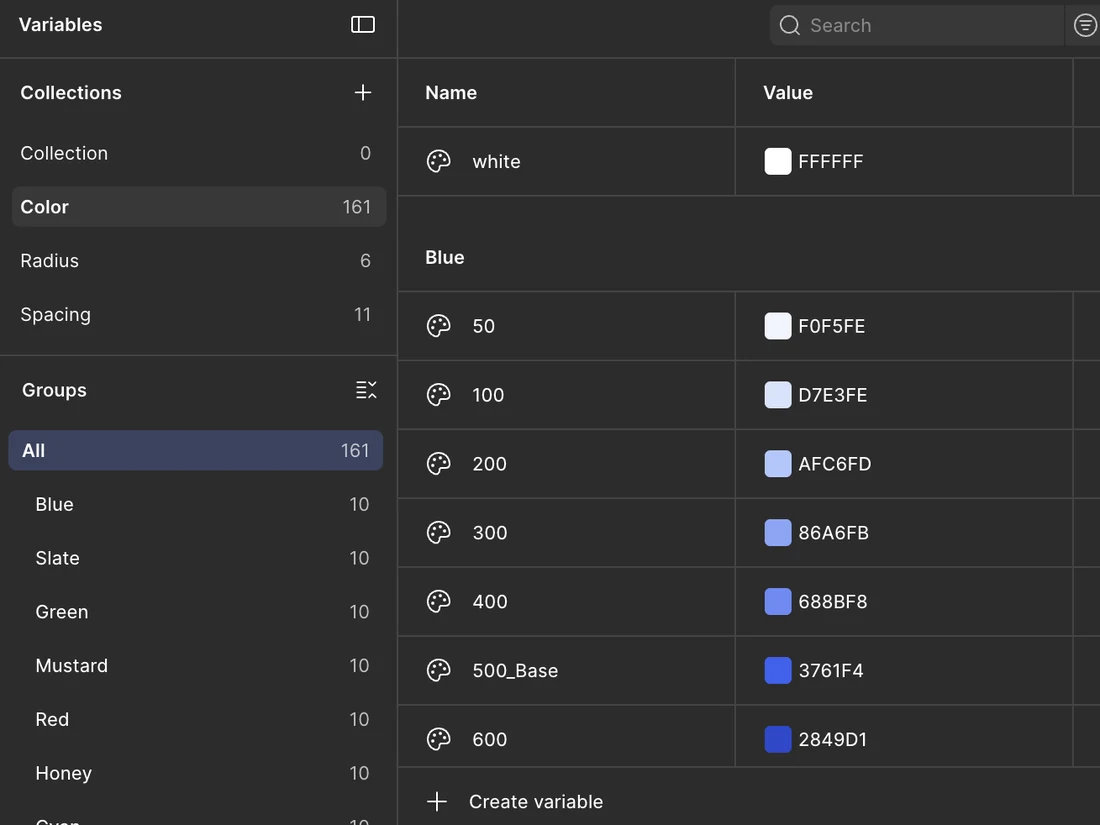 Figma variables from the first attempt: a Color collection of 161 raw palette shades, no semantic tokens.